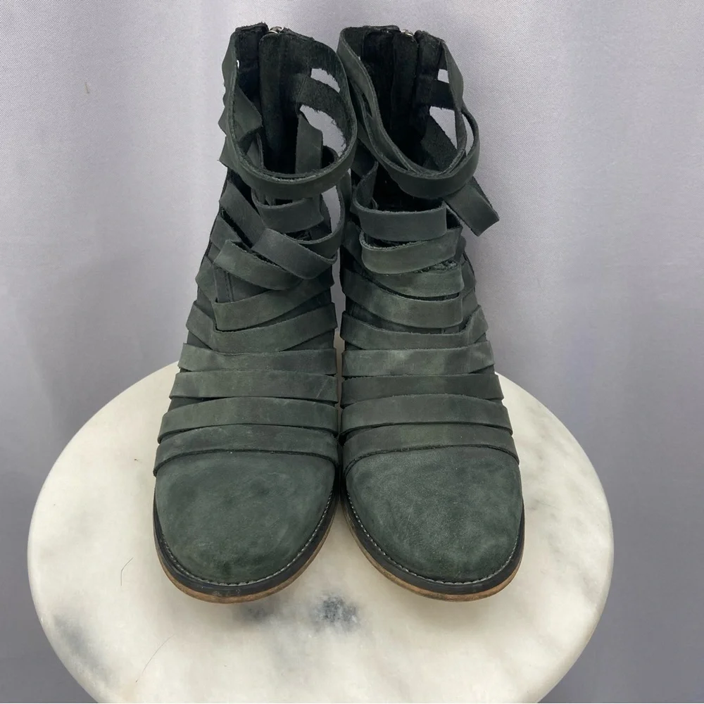 Free People Hybrid Strappy Ankle‎ Boots Bootie Block Heel Green Gray Size 8